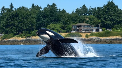 Obraz premium A majestic killer whale soaring high above the waves showcasing its impressive size and strength as it breaches the serene ocean surface