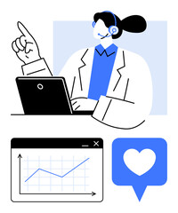 Professional wearing headset gestures while working on a laptop. Includes graph icon symbolizing progress and a heart icon for customer satisfaction. Ideal for support, customer care, communication