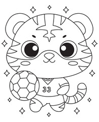 Coloring book tiger playing soccer with a ball, wearing a jersey with number 33, with sparkles around