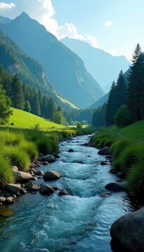 River Chemal flowing gently through the valley, peaceful,, natural