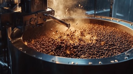 coffee beans roasting in a large machine, with the rotating drum and deep heat transforming the beans into a perfect shade of brown