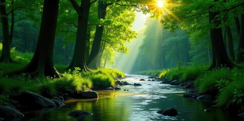 River flowing past tall trees with green leaves, flow, leaves, greenery