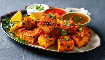 Fototapeta premium Grilled paneer tikka served with vibrant sauces and lemon wedges on plate, garnished with fresh herbs. dish showcases marinated Indian cottage cheese, offering spicy and flavorful experience
