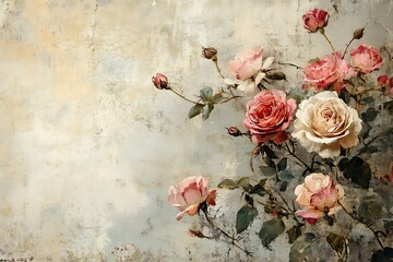 Lavish roses in a painterly style, scattered across a textured neutral background