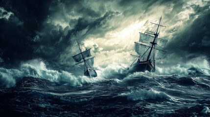 Obraz premium Two Ships Collide Amidst Stormy Seas, Symbolizing Nature's Unpredictable Power