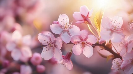 Obraz premium light pink cherry blossoms gently blooming on a branch, with soft petals glowing under the spring sunlight.