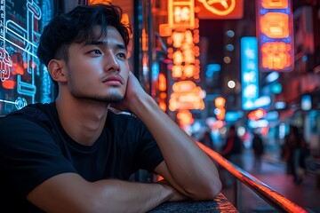 Obraz premium Contemplative young man urban night portrait