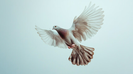Obraz premium Beautiful flying pigeon, a realistic photograph with high-level details, set against a white background