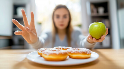 A woman holding an apple in one hand and making a stop gesture with the other hand
