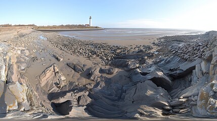 Coastal Rock Formations Lighthouse in Distance Sandy Beach