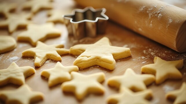 star-shaped cookies being cut from dough, with the dough rolling pin and festive cookie cutters visible in the frame.