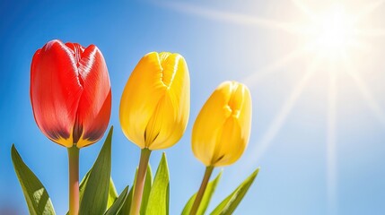 Vibrant Spring Tulips Blooming Under Sunny Sky
