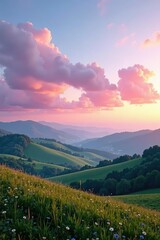 Soft pastel hues of dawn break over rolling hills, landscape, countryside