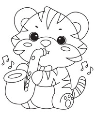 Coloring book tiger playing a saxophone with musical notes around. Fun line art for coloring
