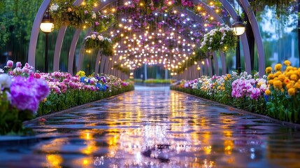 Obraz premium Romantic Rainy Night Garden Path Lights - Nature Photography
