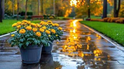 Golden Chrysanthemums in Autumn Park - Autumnal Scenery