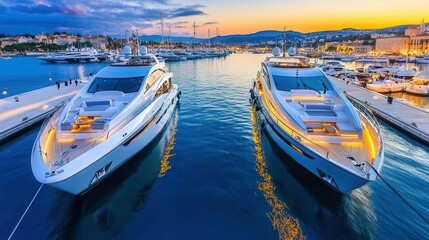 Obraz premium Luxury Yachts at Sunset Marina - Luxury Lifestyle: The image clear.