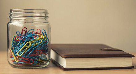 Colorful Paperclips In Jar Beside Notebook