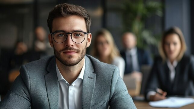 Company boss close up portrait. Profile picture of young handsome businessman, client or investor posing seated at desk, businesspeople on background, take part in formal meeting or negotiations event