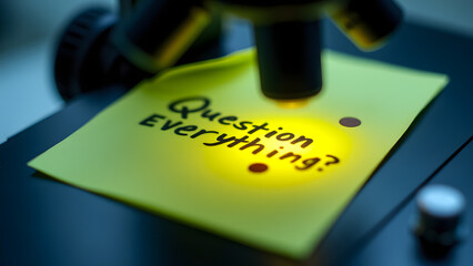 Scientist's Post-it on microscope reads "Question everything." with coffee-stained question mark.