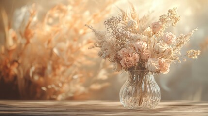 glass vase adorned with an assortment of dried flowers in shades of beige and pale pink, placed on a wooden table with soft lighting.