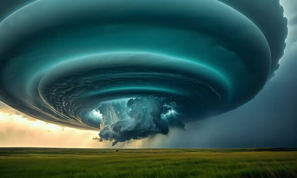 Spectacular Cloud Vortex Formation Over Open Fields at Sunset with Dramatic Lighting