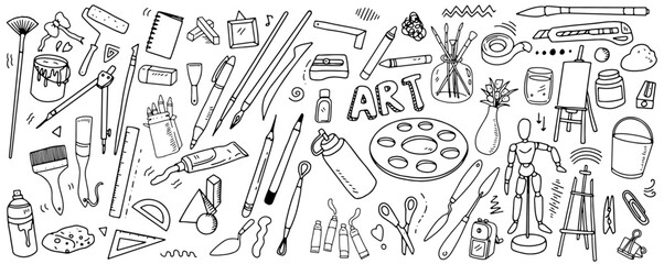 Set of artist supplies. Art and craft accessories such as brushes, knife, color, easel, palette. Vector illustration isolated on white background. Doodle hand drawn painting objects collection. © Thaiyamon