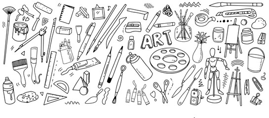 Set of artist supplies. Art and craft accessories such as brushes, knife, color, easel, palette. Vector illustration isolated on white background. Doodle hand drawn painting objects.