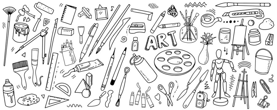 Set of artist supplies. Art and craft accessories such as brushes, knife, color, easel, palette. Vector illustration isolated on white background. Doodle hand drawn painting objects collection.