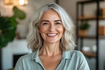 Headshot portrait of beautiful mid aged woman posing indoors with healthy toothy smile. Happy elderly female renter tenant buyer of new apartment flat office space looking at camera at relocation day