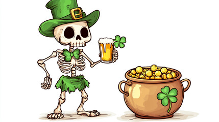 Cute cartoon skeleton dressed in green, wearing a hat and holding a beer glass with a shamrock on it