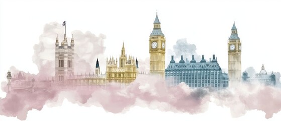 Obraz premium Majestic view of the iconic London city skyline showcasing the famous historic landmarks and buildings of the British capital such as the Palace of Westminster Big Ben clock tower