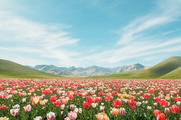 A vast tulip field blooms under a blue sky, creating a stunning landscape with distant mountains.