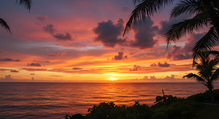 Tropical Sunset Over Ocean With Palm Trees