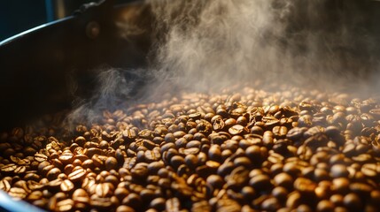 the roasting process of coffee beans, with steam rising and golden brown beans emerging from the roaster drum.