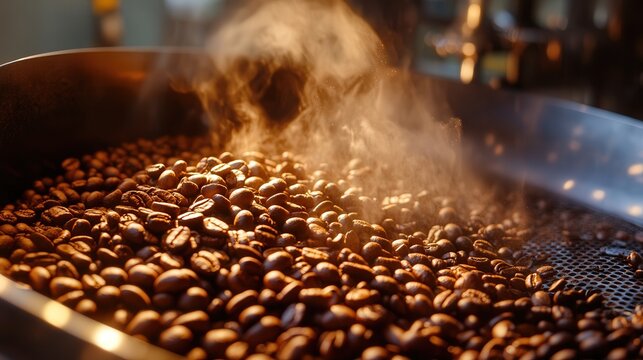 the roasting process of coffee beans, with steam rising and golden brown beans emerging from the roaster drum.