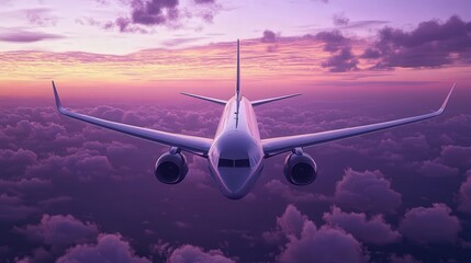 jet aircraft cutting through the tranquil purple sky, with distant clouds adding texture to the peaceful backdrop