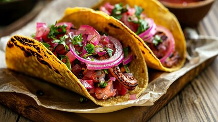 Delicious street tacos filled with octopus, onion, and cilantro served at a vibrant Mexican food market during lunchtime