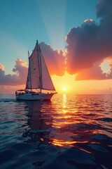 Fototapeta premium Velero en el horizonte con atardecer en el mar, mar Azul, barcos
