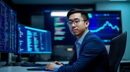 A cryptocurrency expert building AI powered decentralized platforms for blockchain based remote work systems, futuristic work lab with live data, High-tech style