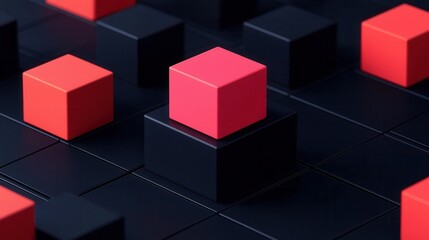 Vibrant Red Cube Stands Out Among Black Cubes in Abstract Geometric Arrangement