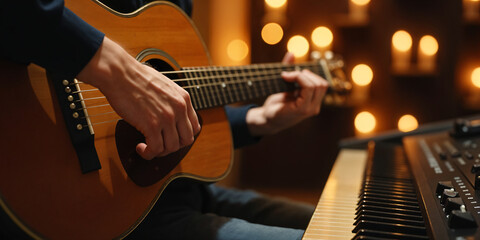 Fototapeta premium Young man playing guitar at home. Close-up of gently strumming guitar at home. Piano included.