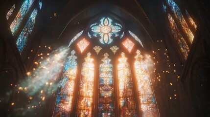 Obraz premium stained glass window in a Christian church, where the light filtering through the intricate design creates an atmosphere of peace and reverence
