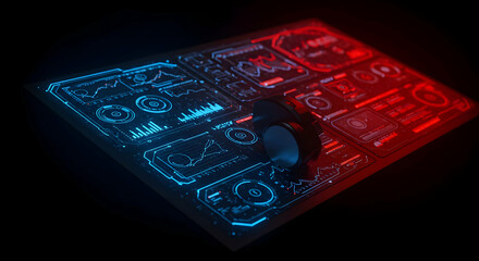 Futuristic Digital Interface Display With Glowing Blue And Red Lights