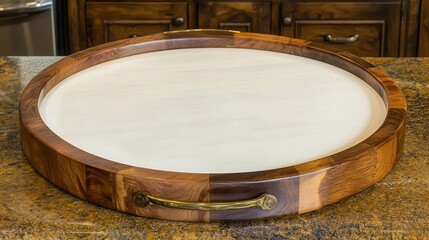 Obraz premium Elegant Round Wooden Serving Tray with Brass Handles