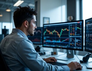 Man Analyzing Stock Market Data on Multiple Computer Screens