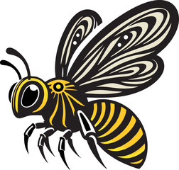 Stylized Tribal Bee Illustration, A dynamic and artistic illustration of a bee with intricate tribal-style patterns. The bee is depicted with bold black outlines and striking yellow highlights