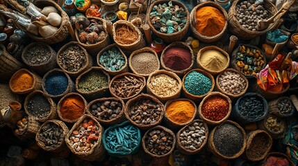 Exotic Spices and Herbs Displayed in Woven Baskets at a Vibrant Marketplace