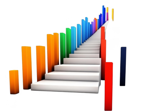 3D Illustration of a Colorful Staircase with Financial Chart on a Transparent Background