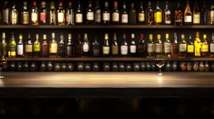 Empty Bartop with Two Glasses and Liquor Shelves in Background